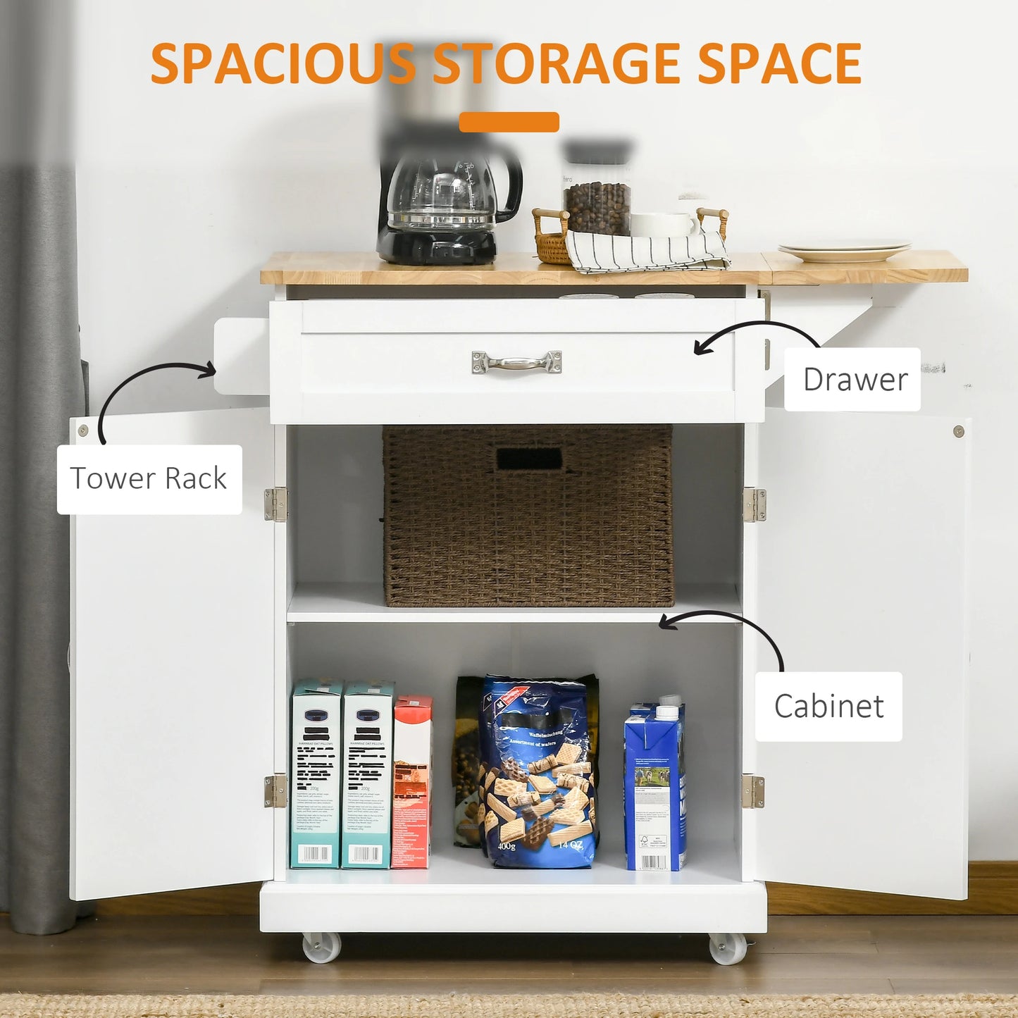 Foldable Kitchen Island with Storage Drawer, Farmhouse Style Rolling Utility Cart, Coffee Bar Cabinet on Wheels with Drop-Leaf Wood Top, White Kitchen Islands & Kitchen Carts at Gallery Canada