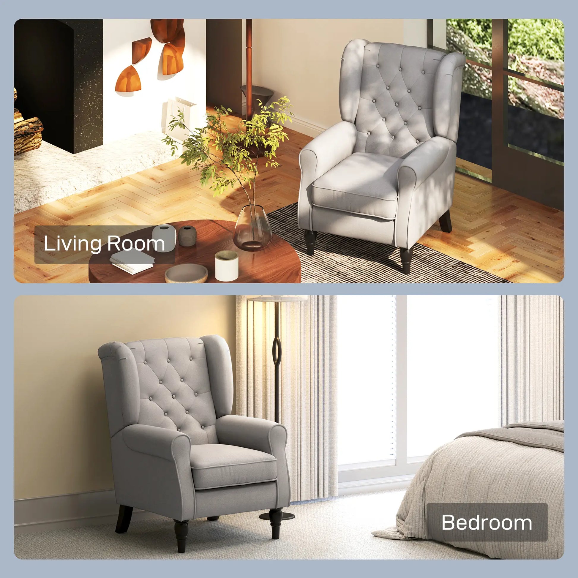 Fabric Accent Chair, Button Tufted Armchair, Modern Living Room, Wood Legs, Grey Accent Chairs at Gallery Canada