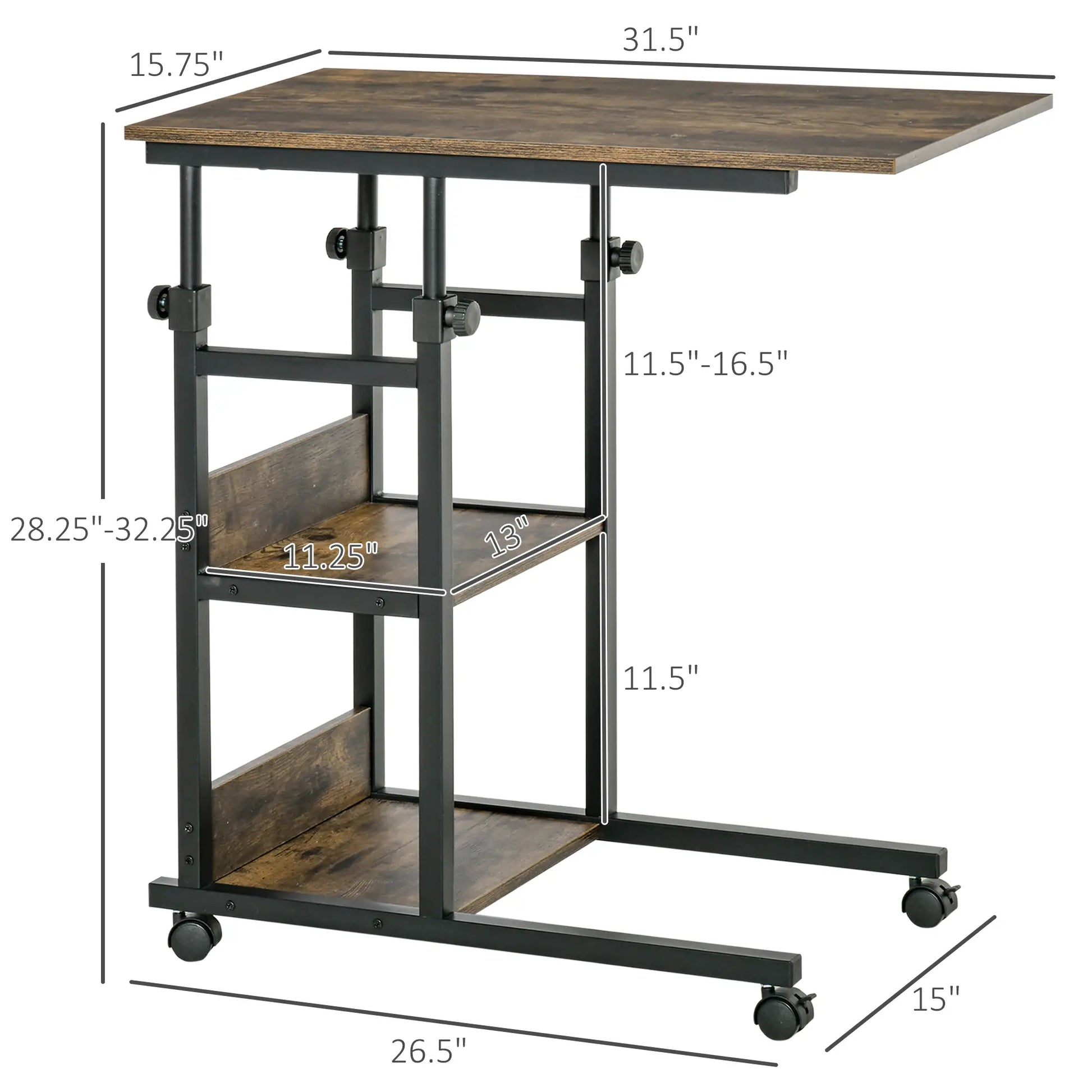 Mobile Standing Desk, Adjustable Height 31.5 inch, Rustic Brown, Brown Side Tables at Gallery Canada