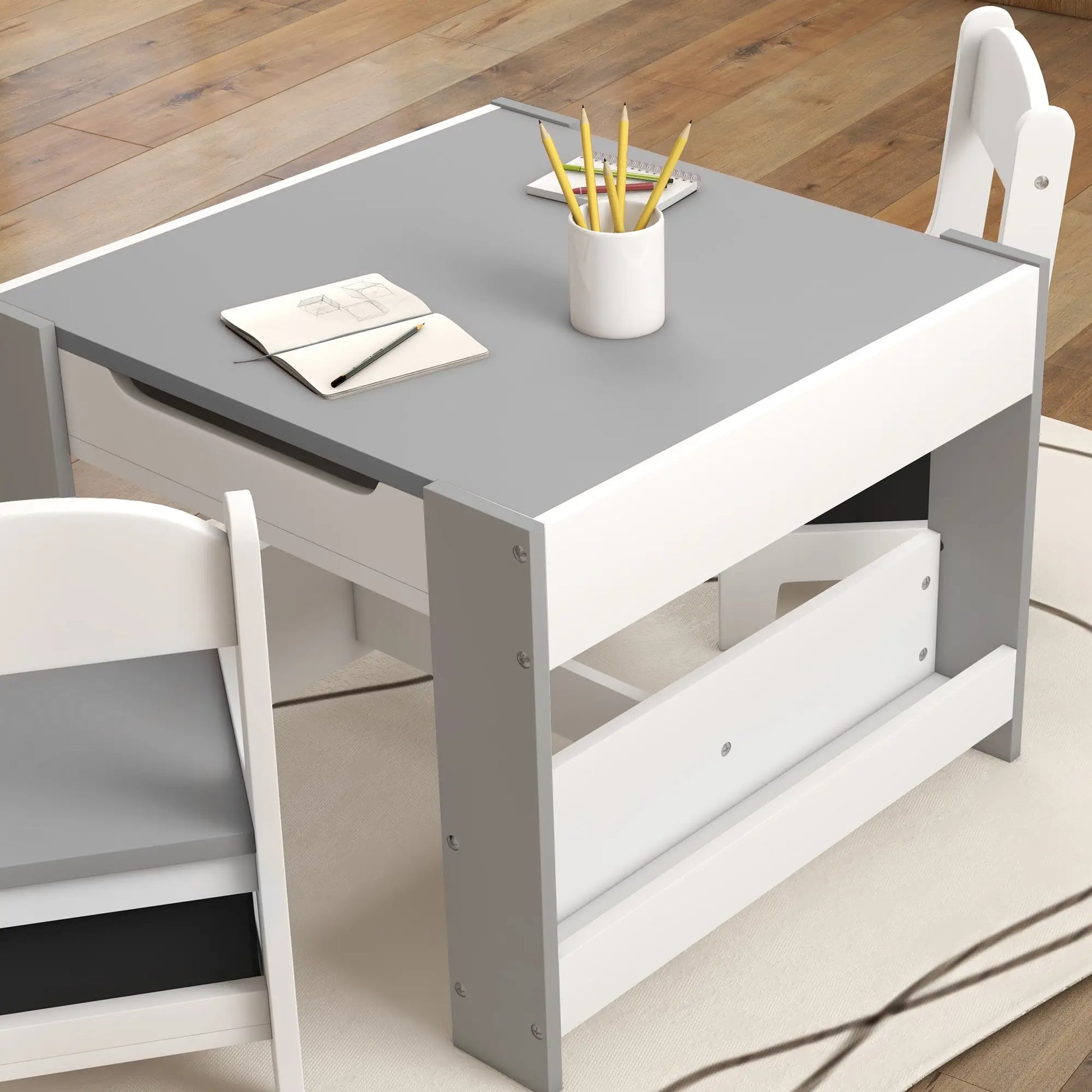 3 Piece Kids Table and Chair Set, Reversible Tabletop, Blackboard, Storage, Grey Kids Table Sets at Gallery Canada