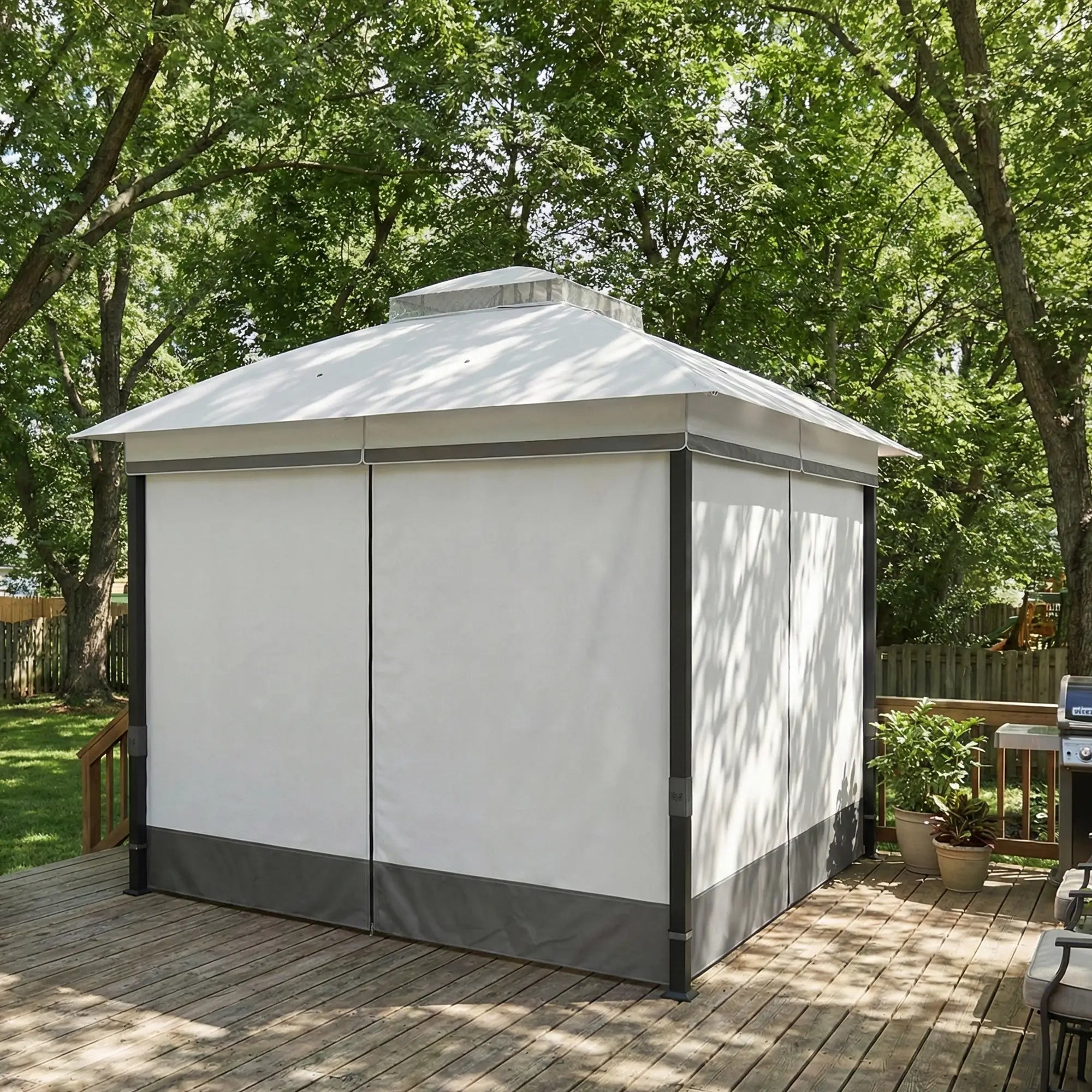 10' x 10' Light Grey Patio Gazebo, UPF50+ Double Roof With Netting, Light Grey Gazebos at Gallery Canada