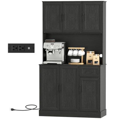 71 Inch Pantry Cabinet with Charging Station, Microwave Stand, Adjustable Shelves, Black Kitchen Pantry Cabinets Black at Gallery Canada
