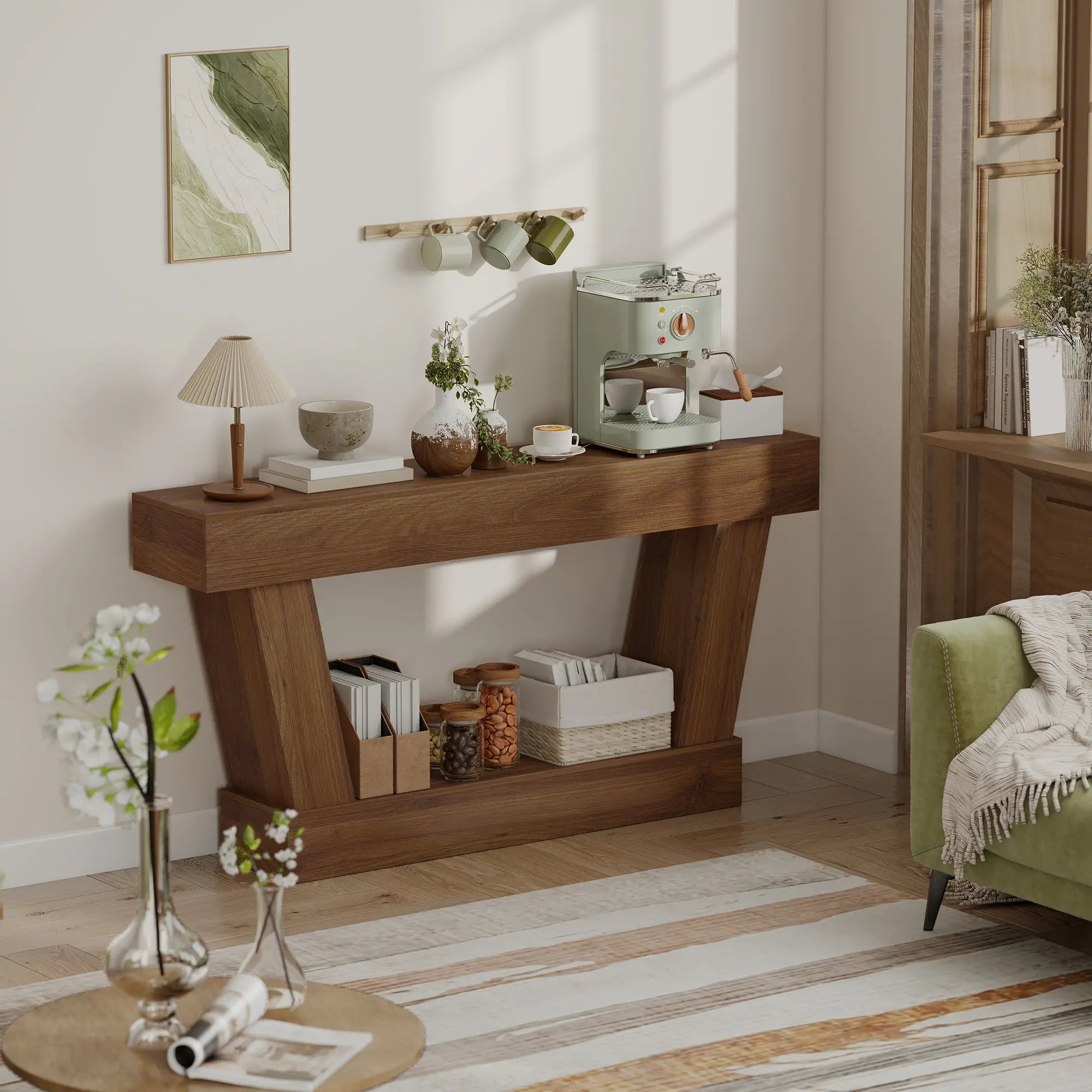 63 Inch Vintage Console Table, Open Shelf, Dark Brown Console Tables at Gallery Canada