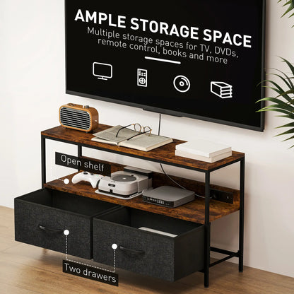 TV Stand With Charging Station, 2 Foldable Linen Drawers, Open Shelf, 47 Inch, Rustic Brown, Brown TV Stands at Gallery Canada
