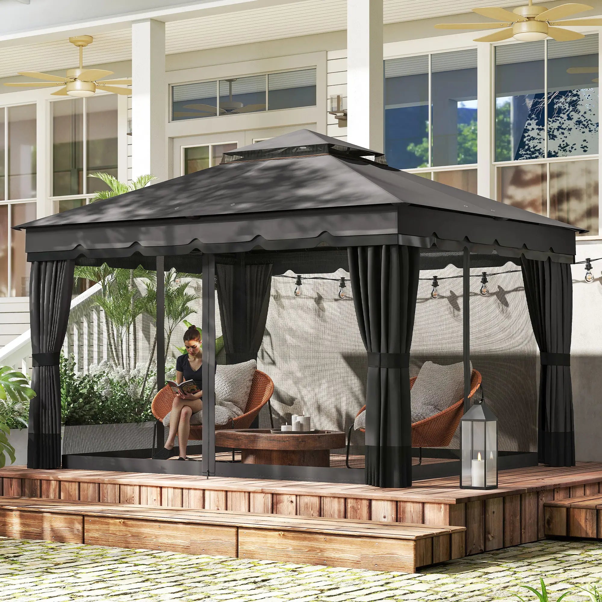 10' x 12' Double Roof Patio Gazebo Canopy With Netting, Curtains Gazebos at Gallery Canada