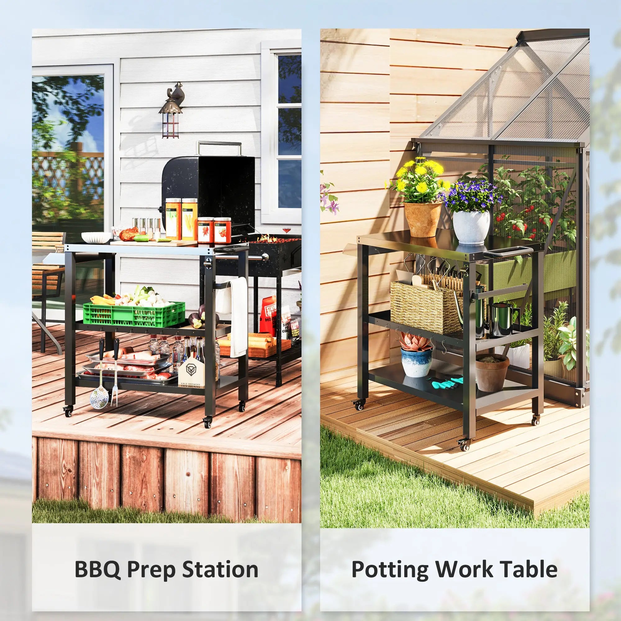 Outdoor Kitchen Bar Cart With Wheels, Stainless Steel Pizza Oven Stand, Movable Prep Table With Hooks Outdoor Grill Carts at Gallery Canada