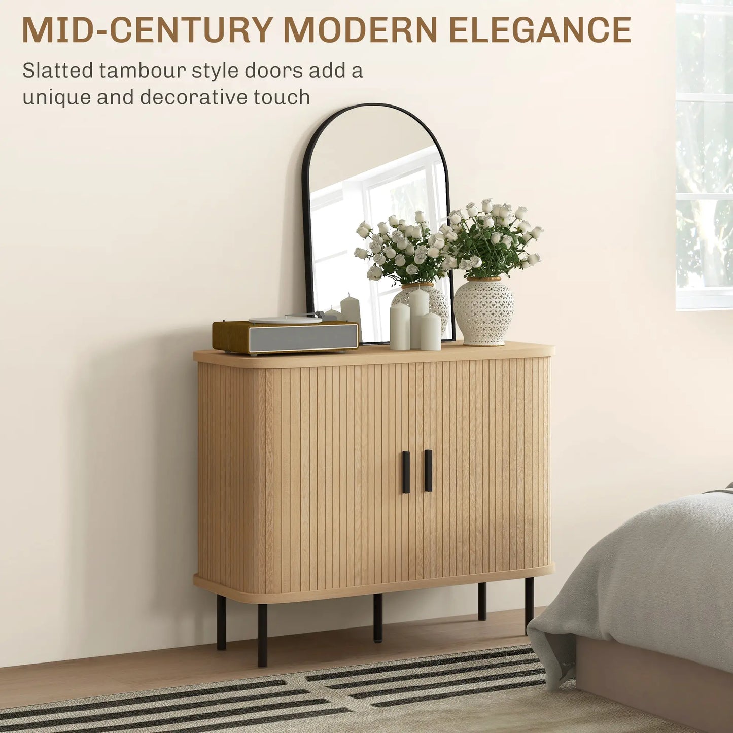 35.4" Sideboard Buffet Cabinet, Nordic Coffee Bar, Slatted Tambour Doors, Oak Storage Cabinets at Gallery Canada
