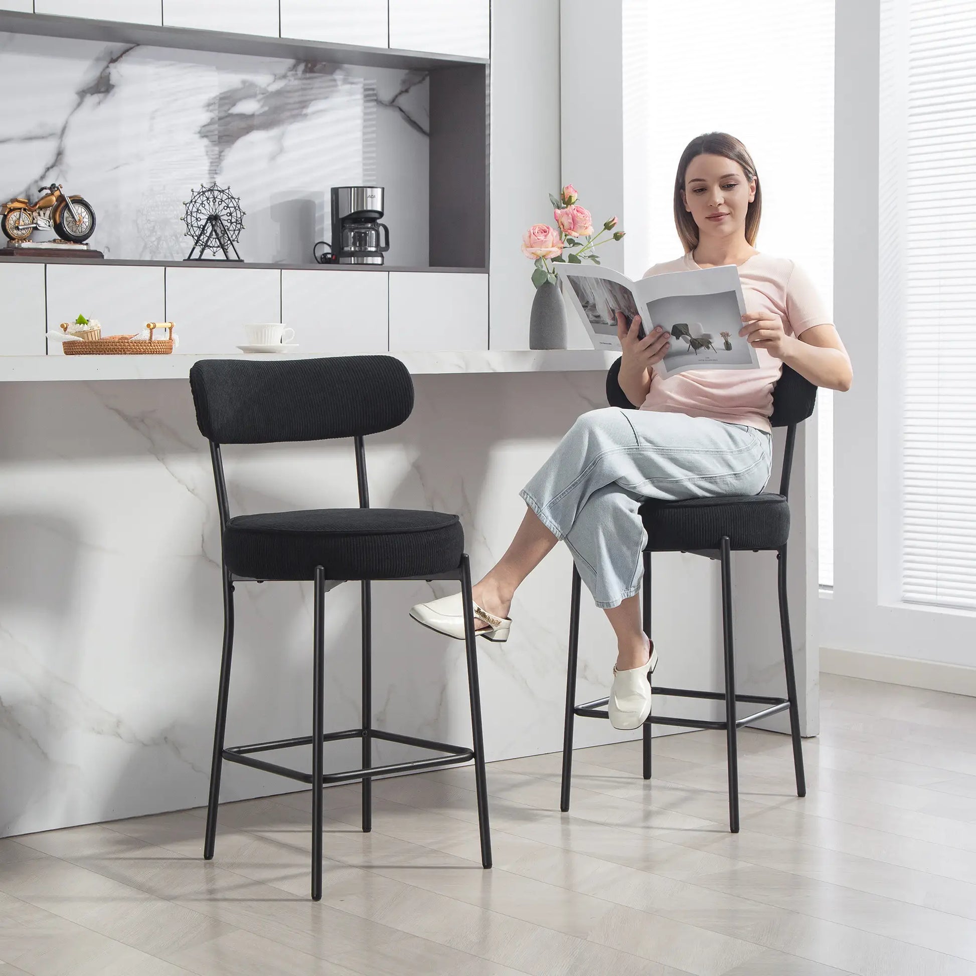 Set of 2 Barstools, Upholstered Corduroy, Backrest, Footrest, Black Bar Stools at Gallery Canada