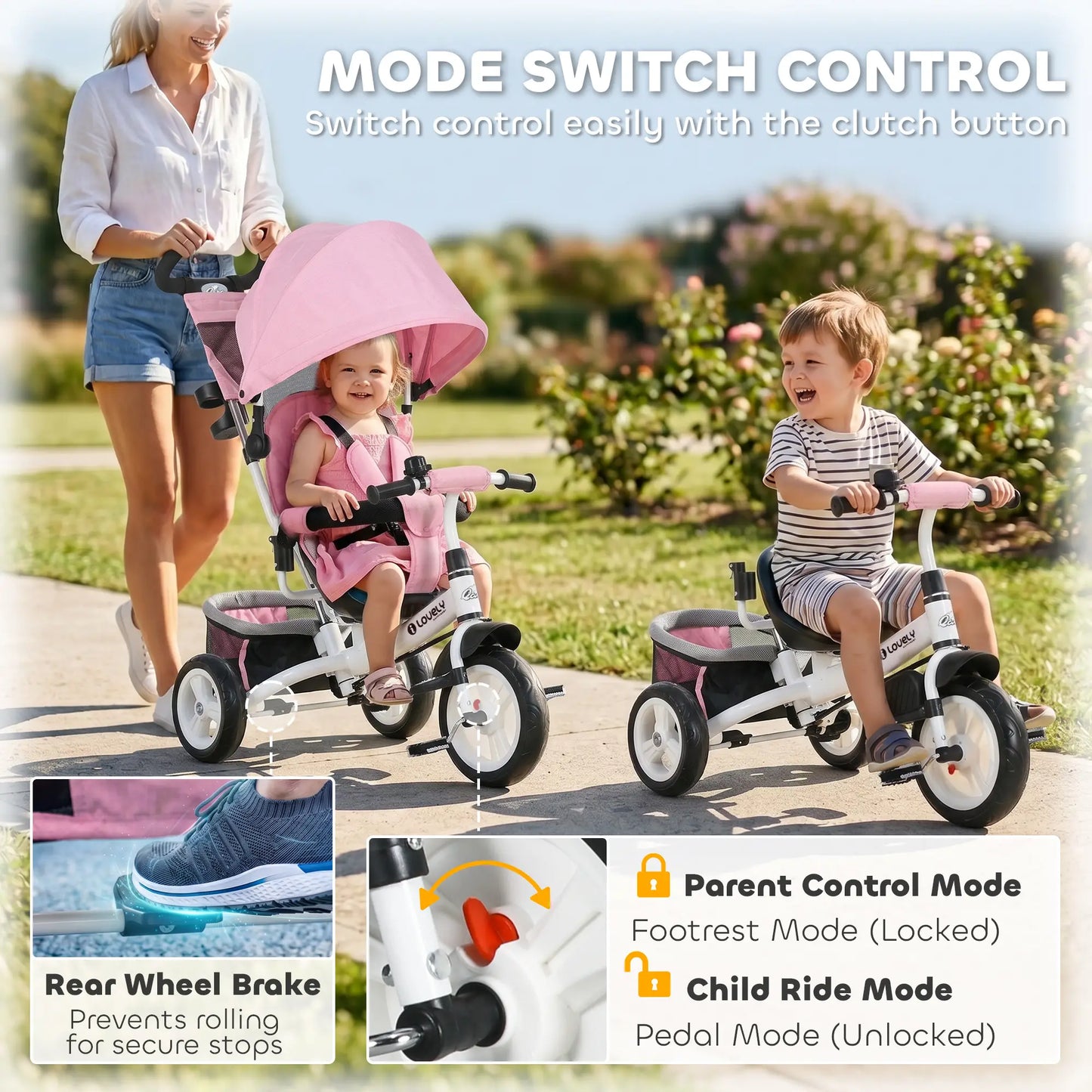 6 in 1 Toddler Tricycle, 1-5 Years, Parent Push Handle, Pink Tricycles for Kids at Gallery Canada