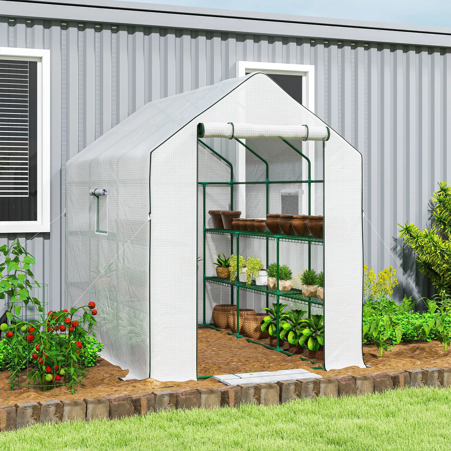 Walk-In Greenhouse, 3 Tier, Roll-Up Door, Mesh Windows, 140 x 213 x 190 cm, White