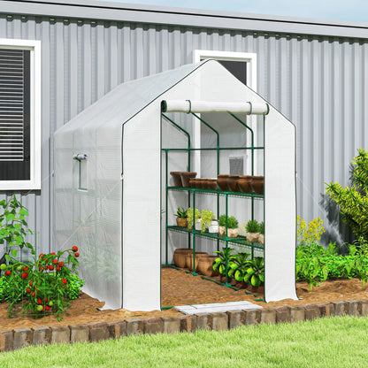 Walk-In Greenhouse, 3 Tier, Roll-Up Door, Mesh Windows, 140 x 213 x 190 cm, White