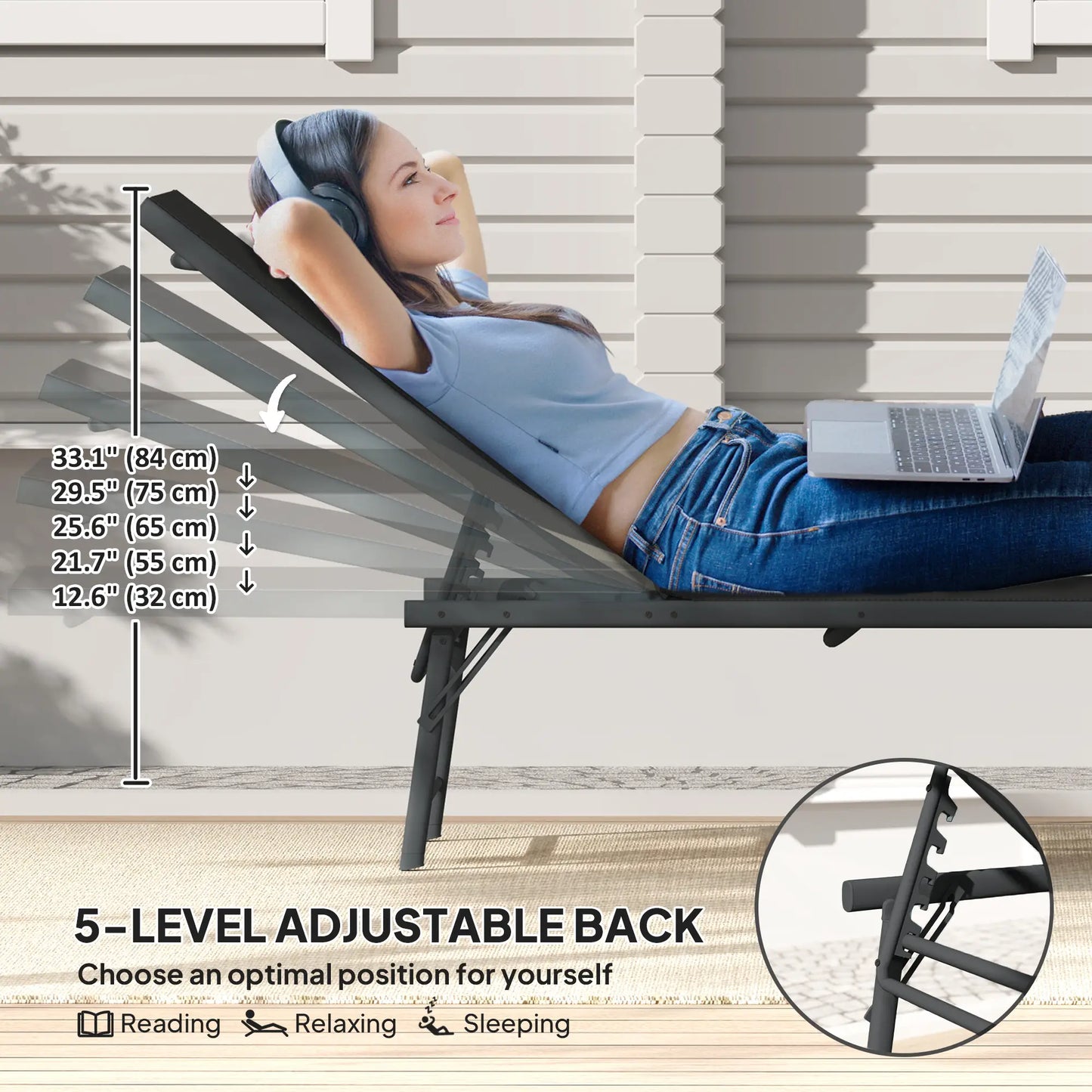 Folding Outdoor Lounge Chairs, 2 Pieces, Adjustable Back, Mesh Seat, Black