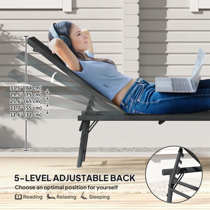 Folding Outdoor Lounge Chairs, 2 Pieces, Adjustable Back, Mesh Seat, Black