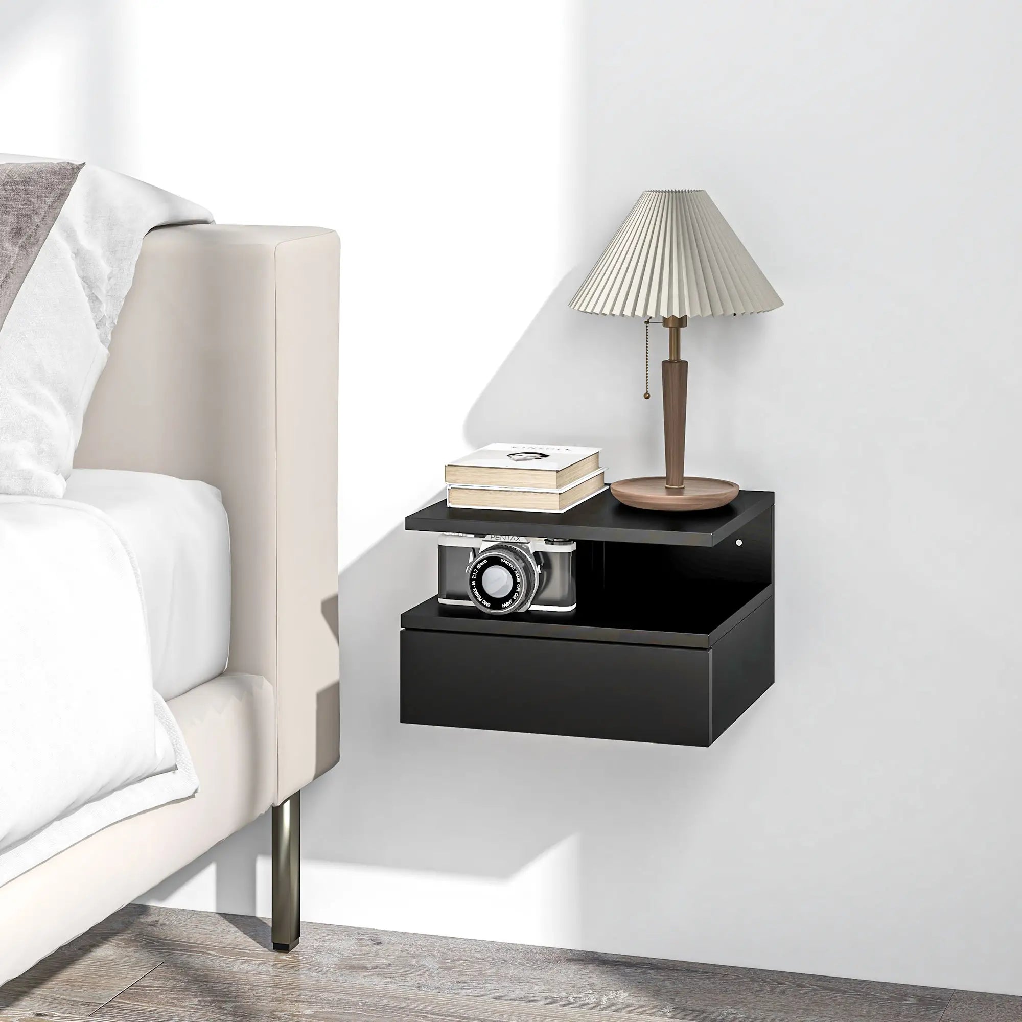 Floating Nightstand Set of 2, Wall Mounted with Drawer and Shelf, Black Bedside Tables at Gallery Canada