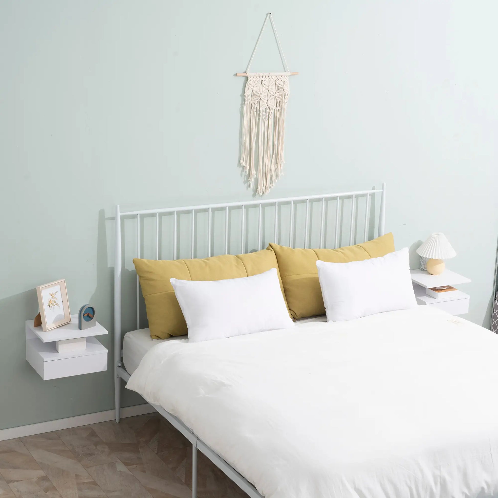 Floating Bedside Tables, Set of 2, Drawer and Open Shelf, White Bedside Tables at Gallery Canada