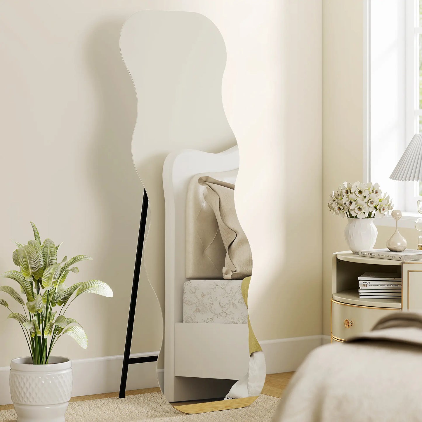 64" x 21" Full Length Mirror, Irregular Wavy Frameless with Pine Wood Base, Black Full Length Mirrors at Gallery Canada