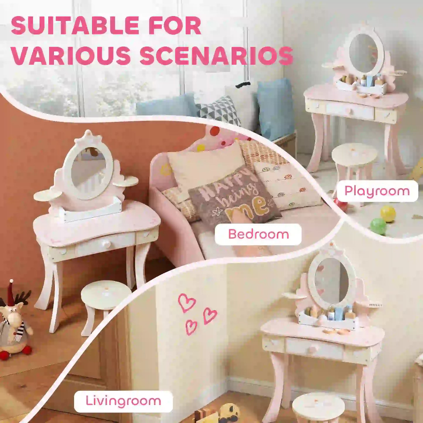 Kids Vanity Set with Mirror, Stool, 7 Accessories, Pink Toy Vanity at Gallery Canada