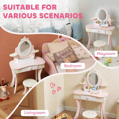 Kids Vanity Set with Mirror, Stool, 7 Accessories, Pink Toy Vanity at Gallery Canada