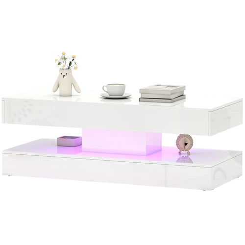 Adjustable LED Coffee Table, 2 Drawers, Open Shelf, Remote, High Gloss White, White