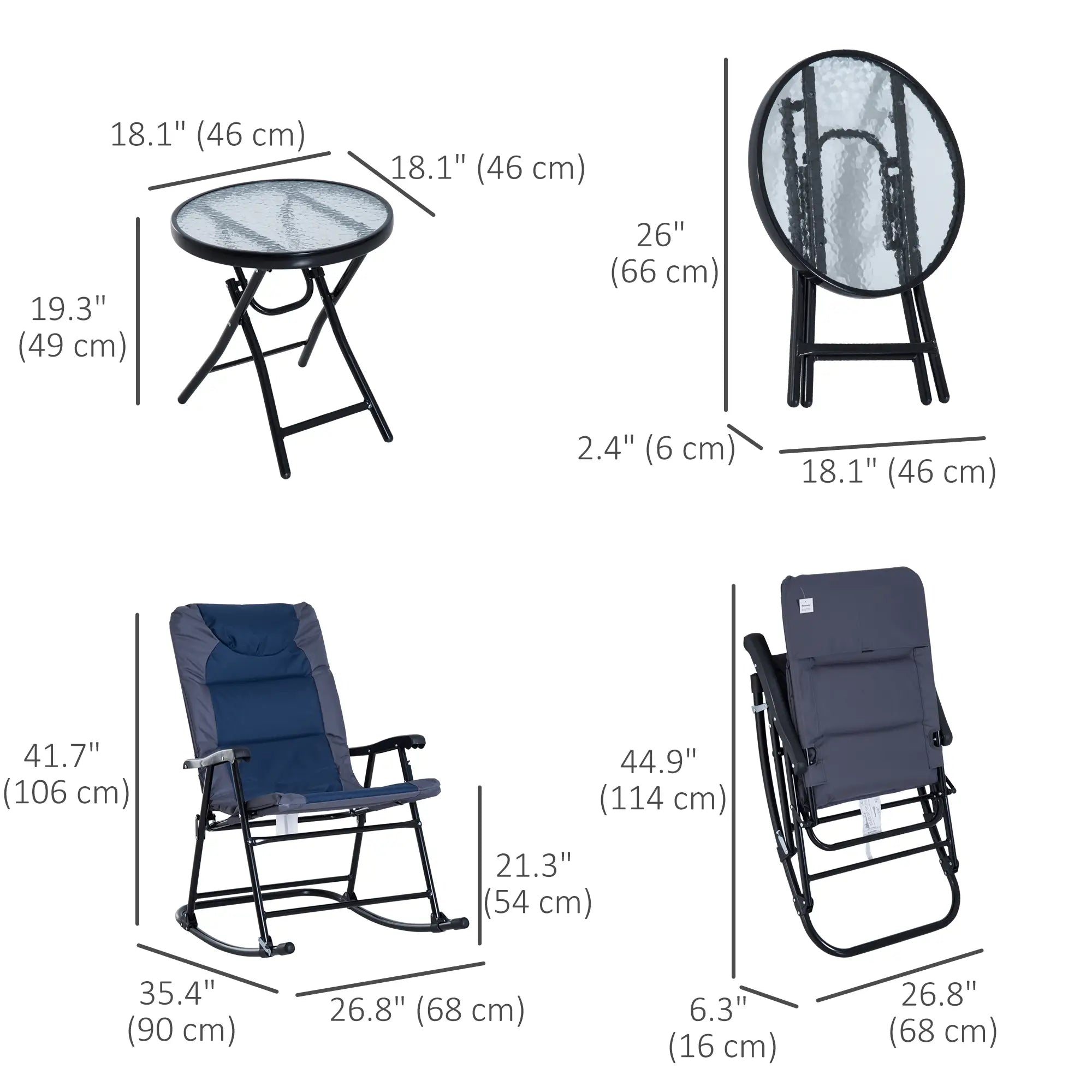 3pc Foldable Rocking Chair Set, Outdoor Bistro w/ Padded Seat, Blue Outdoor Rocking Chairs at Gallery Canada