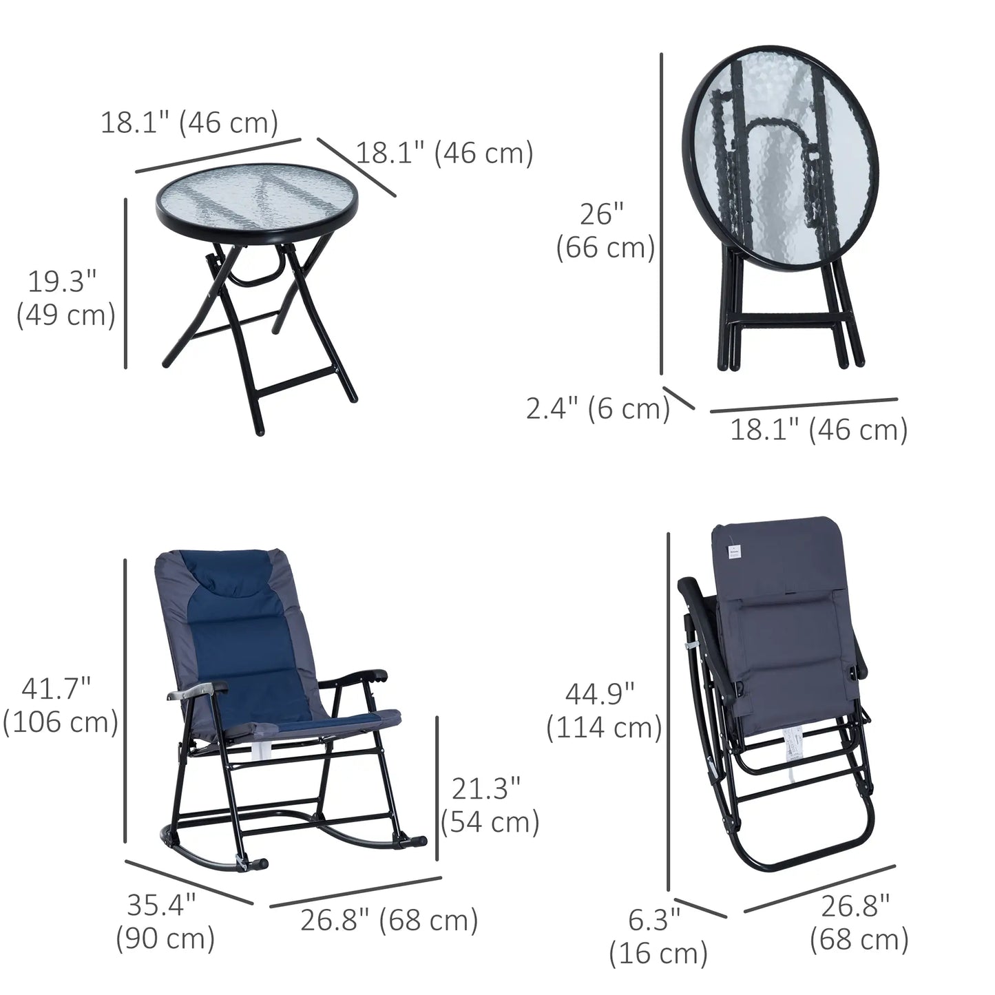 3pc Foldable Rocking Chair Set, Outdoor Bistro w/ Padded Seat, Blue Outdoor Rocking Chairs at Gallery Canada