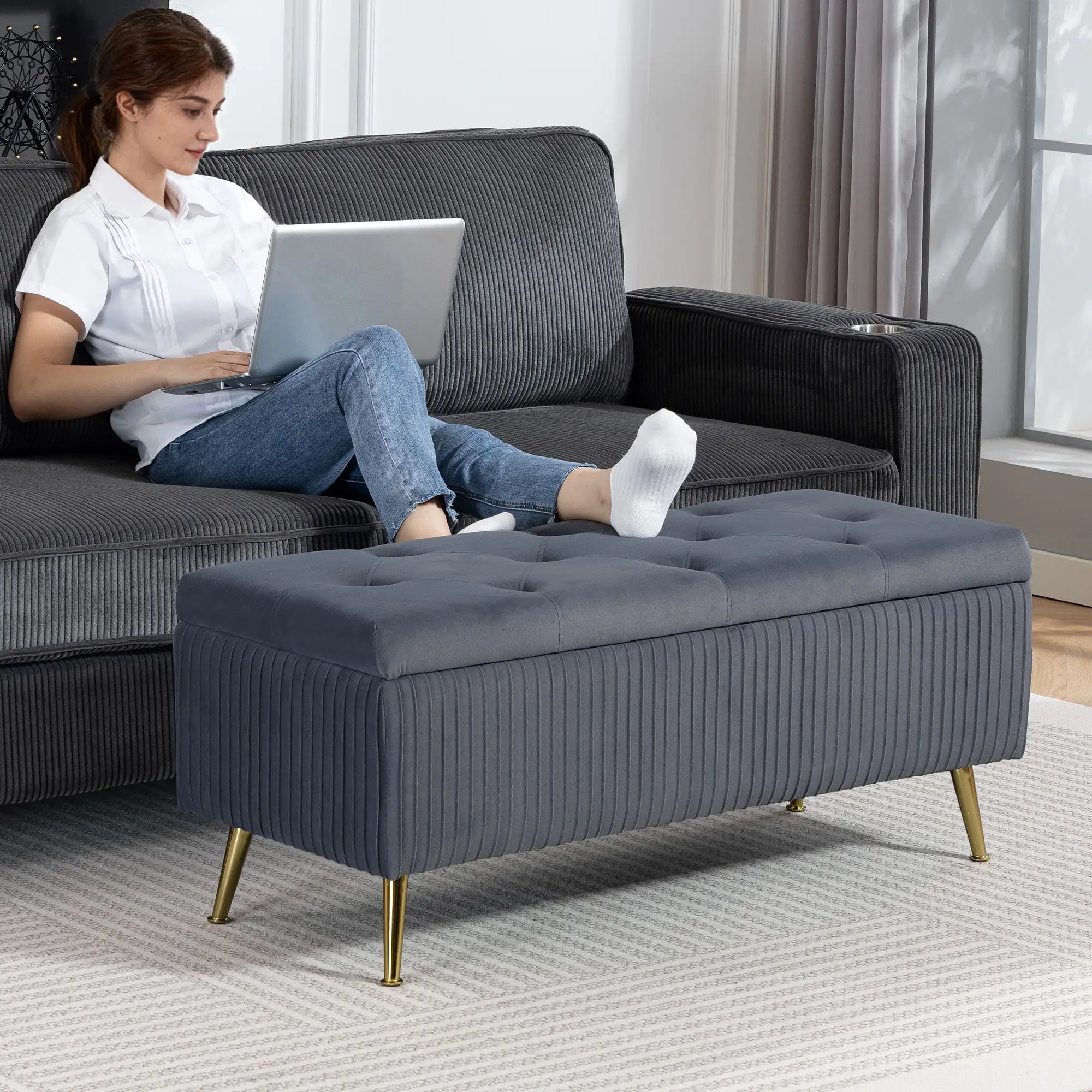 43 Inch Storage Ottoman Bench, Steel Legs, Padded Seat, Dark Grey Storage Ottomans & Benches at Gallery Canada