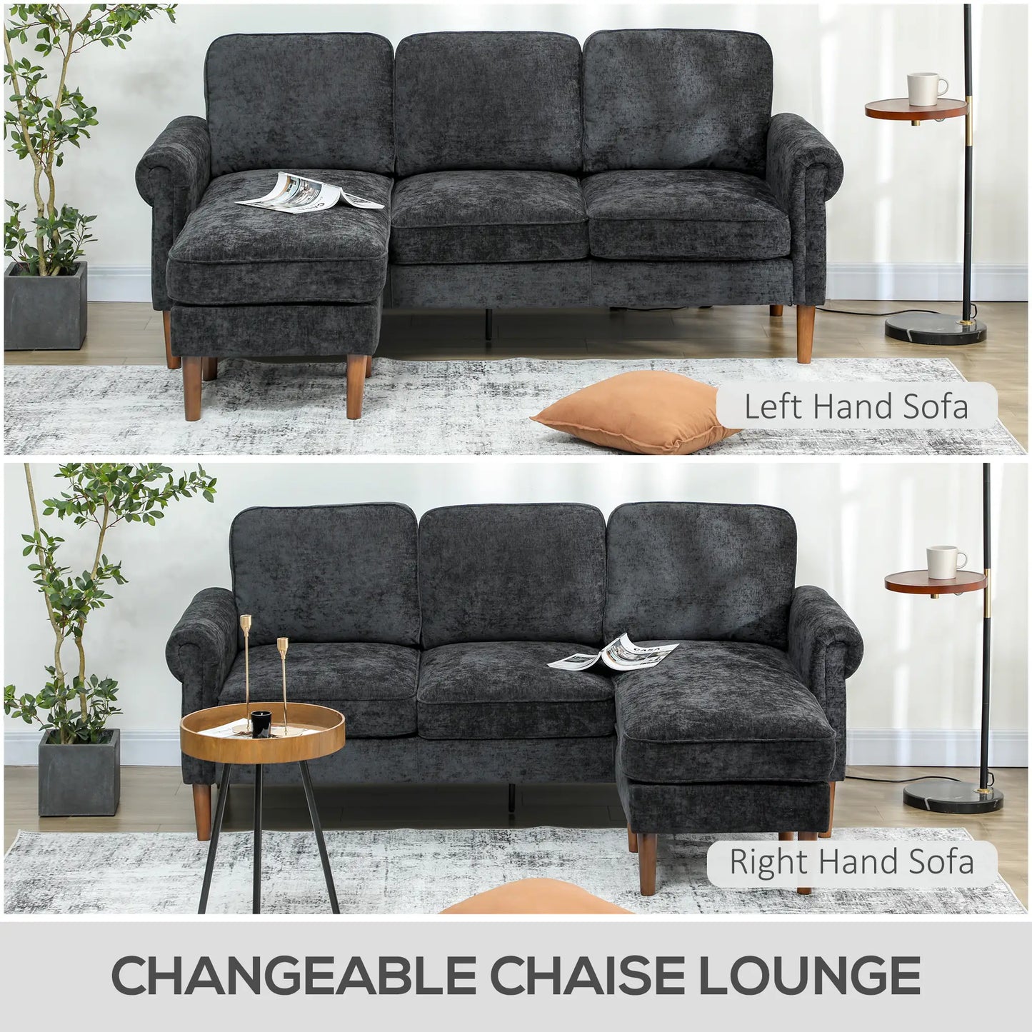 L Shape Sofa, Modern Sectional Couch, Chaise Lounge, Wooden Legs, Black 3-Seater Sofas at Gallery Canada