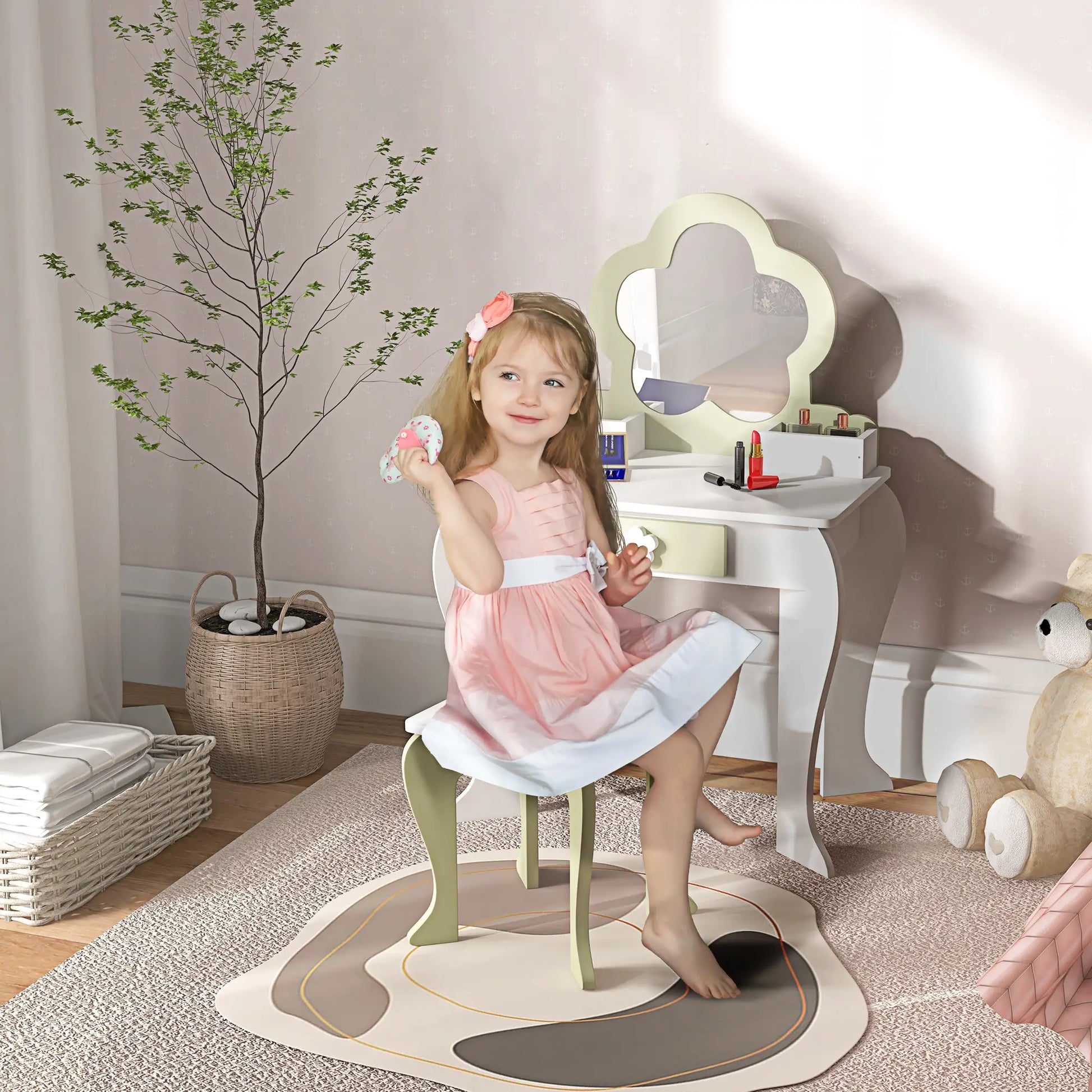 Kids Makeup Vanity Set with Stool, Mirror, Drawer, Storage Boxes, White Toy Vanity at Gallery Canada