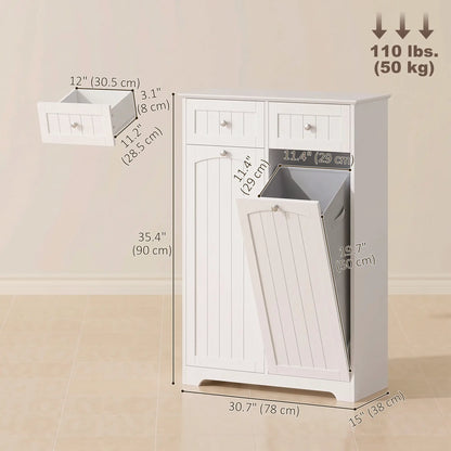 Laundry Cabinet, 2 Removable Bags, Tilt-Out Hamper, 2 Drawers, White