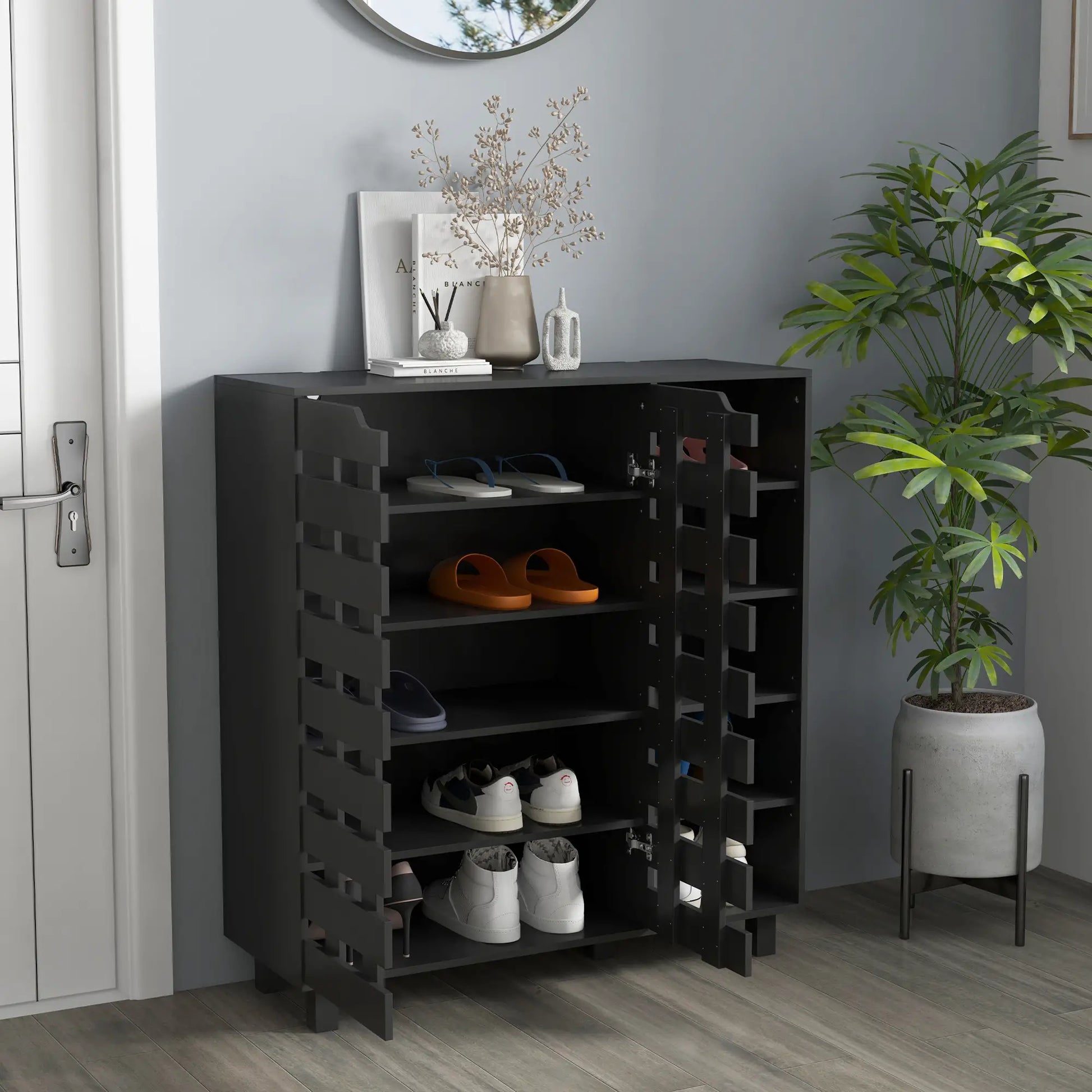 21 Pair Shoe Cabinet, 5-Tier Double Door, 5-Tier Open Shelves, Black Shoe Storage Cabinets & Racks at Gallery Canada