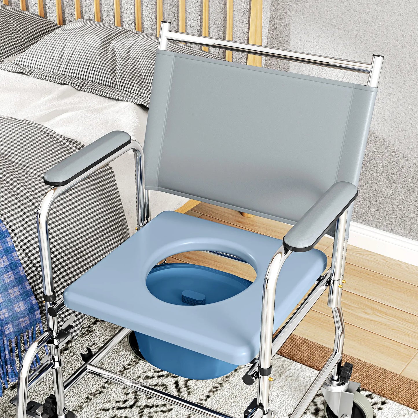 Chaise de douche roulante, chaise percée au chevet du lit, 300 livres, noir