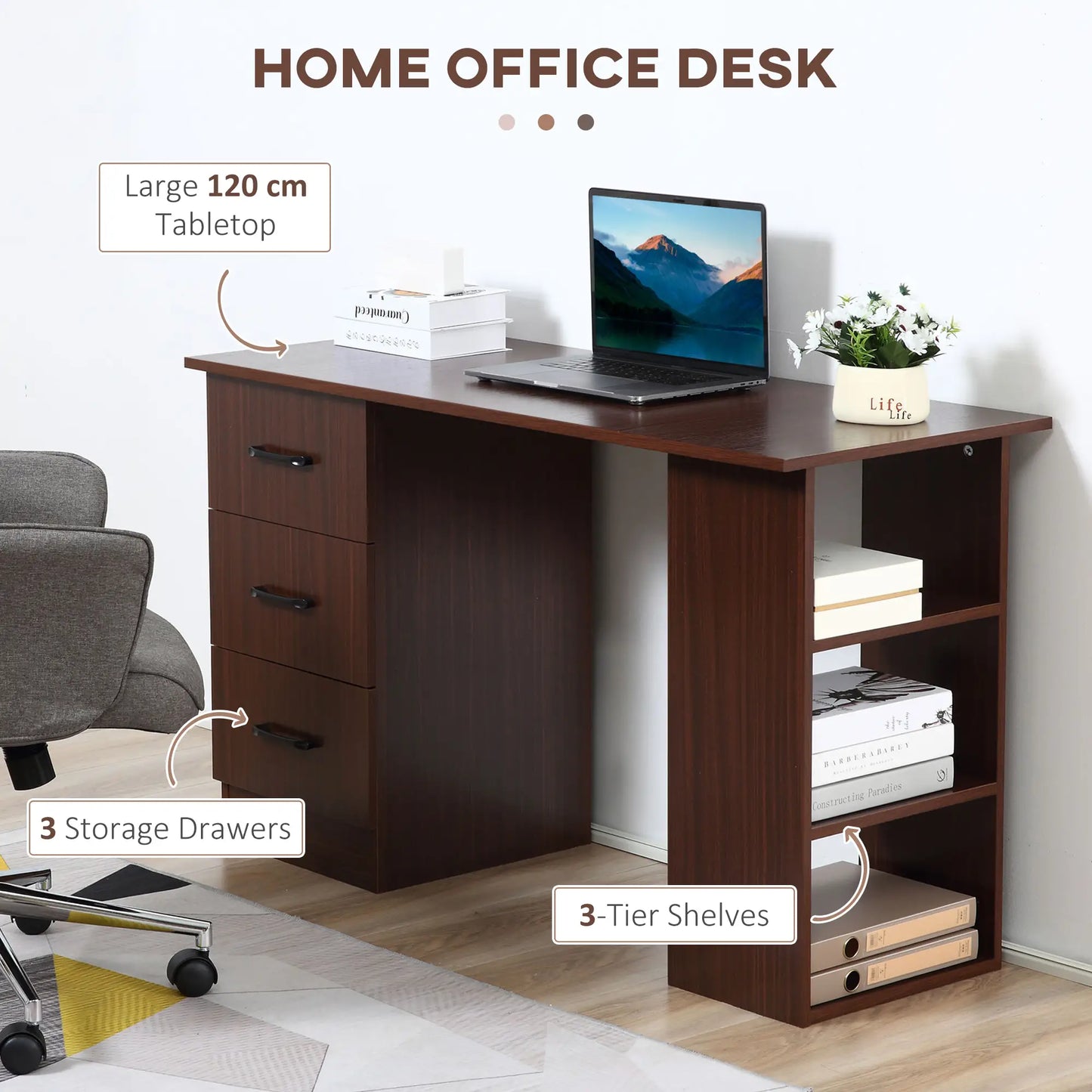 47 Inches Office Desk, 3-Tier Storage Shelves, Drawers, Walnut Writing Desks at Gallery Canada