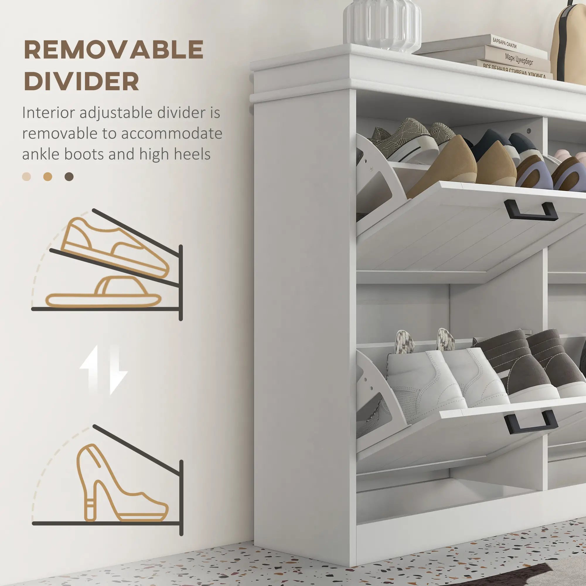 Shoe Storage Cabinet, 4 Flip Drawers, Adjustable Shelves, 20 Pairs, White Shoe Storage Cabinets & Racks at Gallery Canada