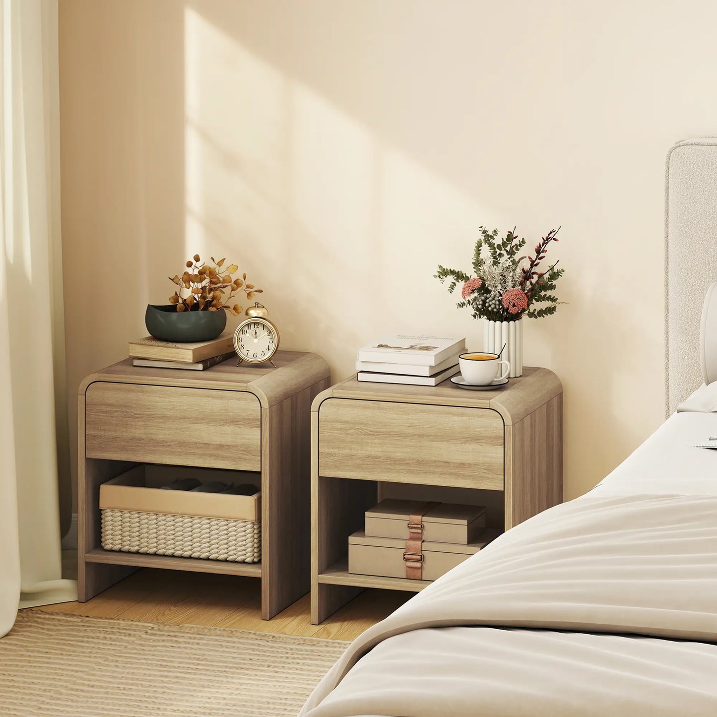 Modern Nightstand Set Of 2, Natural Wood, With Drawer And Open Shelf