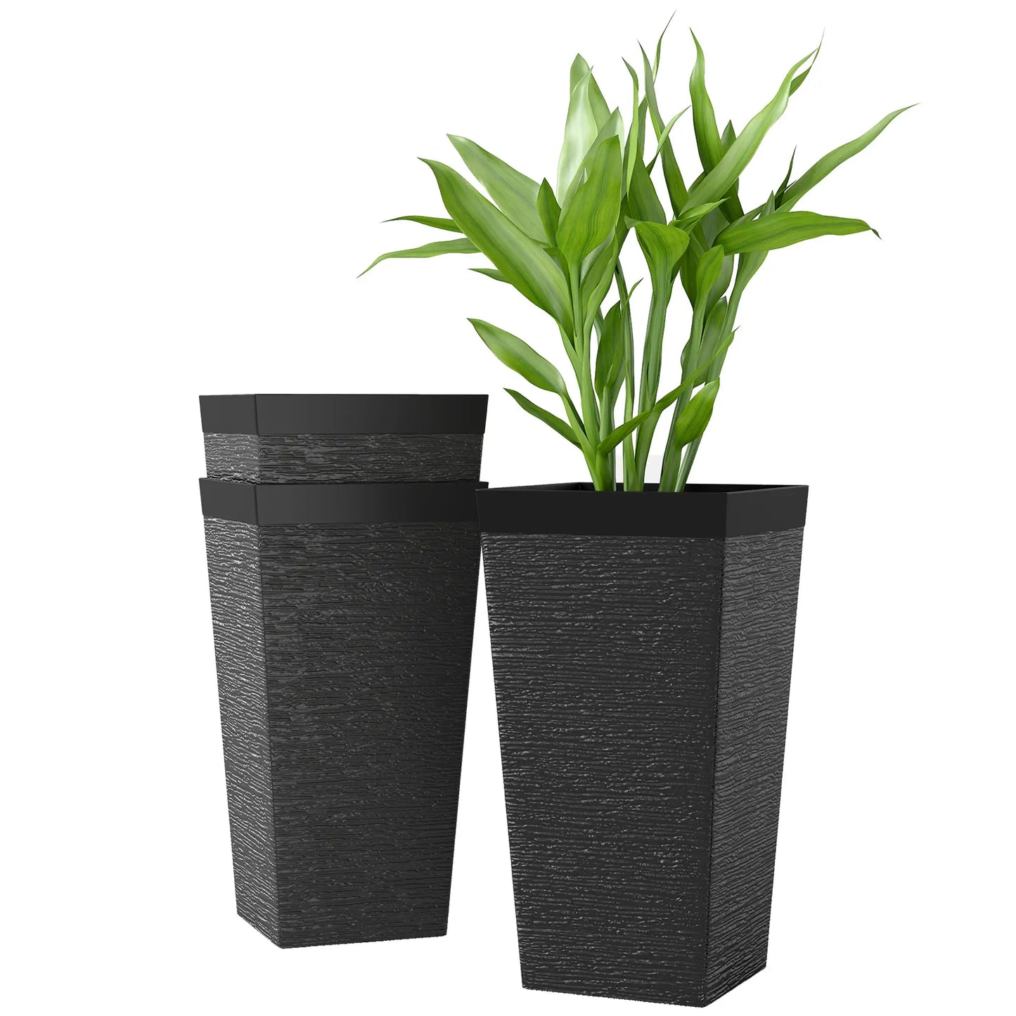 22.8" Tall Planters Set of 3, Stone Finish, Wheels, Drainage, Black Garden Accessories Black at Gallery Canada