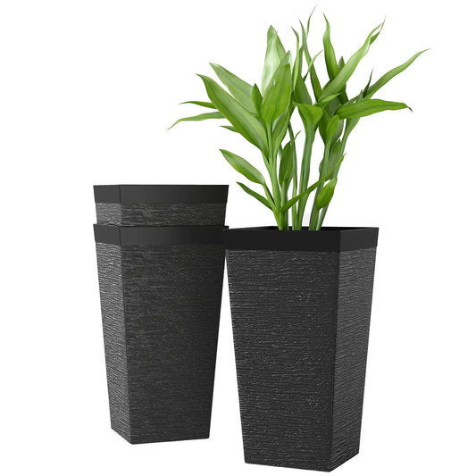 22.8" Tall Planters Set of 3, Stone Finish, Wheels, Drainage, Black Garden Accessories Black at Gallery Canada