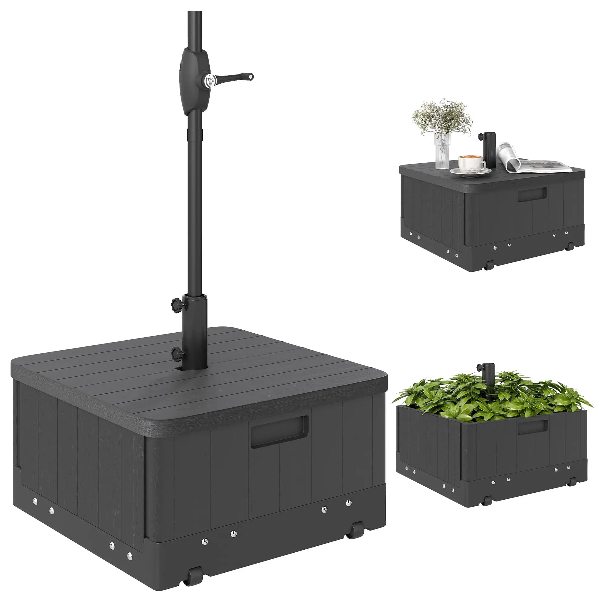 3-in-1 Outdoor Umbrella Base with Wheels, Side Table, Planter Box, 175lbs, Black Umbrella Bases at Gallery Canada
