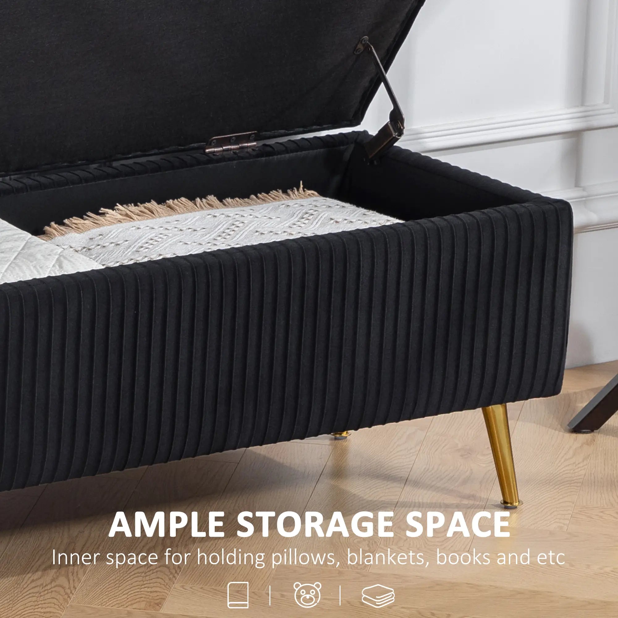 43 Inch Storage Ottoman Bench, Steel Legs, Padded Seat, Black Storage Ottomans & Benches at Gallery Canada