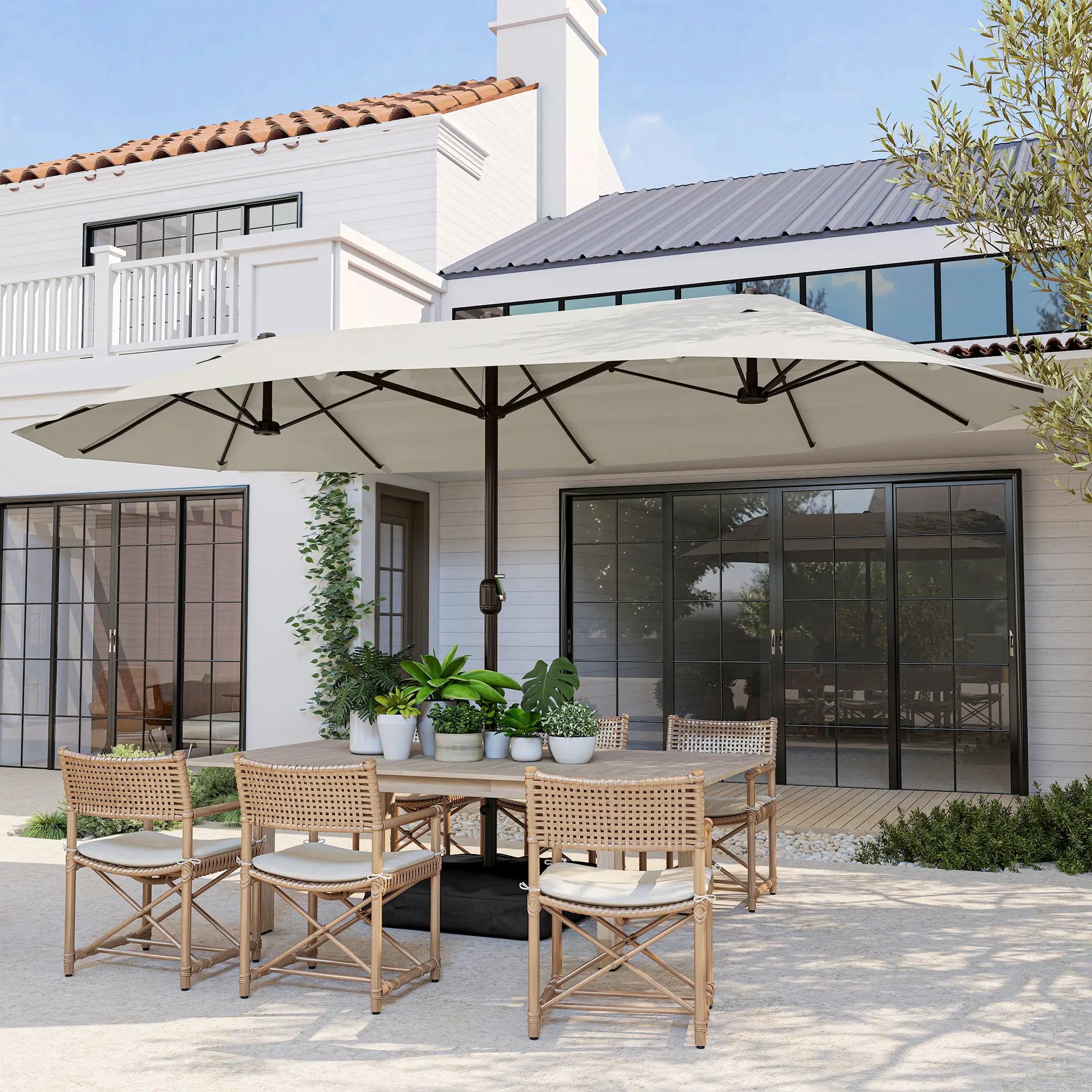 15' Outdoor Patio Umbrella, Twin Canopy Sunshade, Steel Table, Cream Sun Umbrellas at Gallery Canada