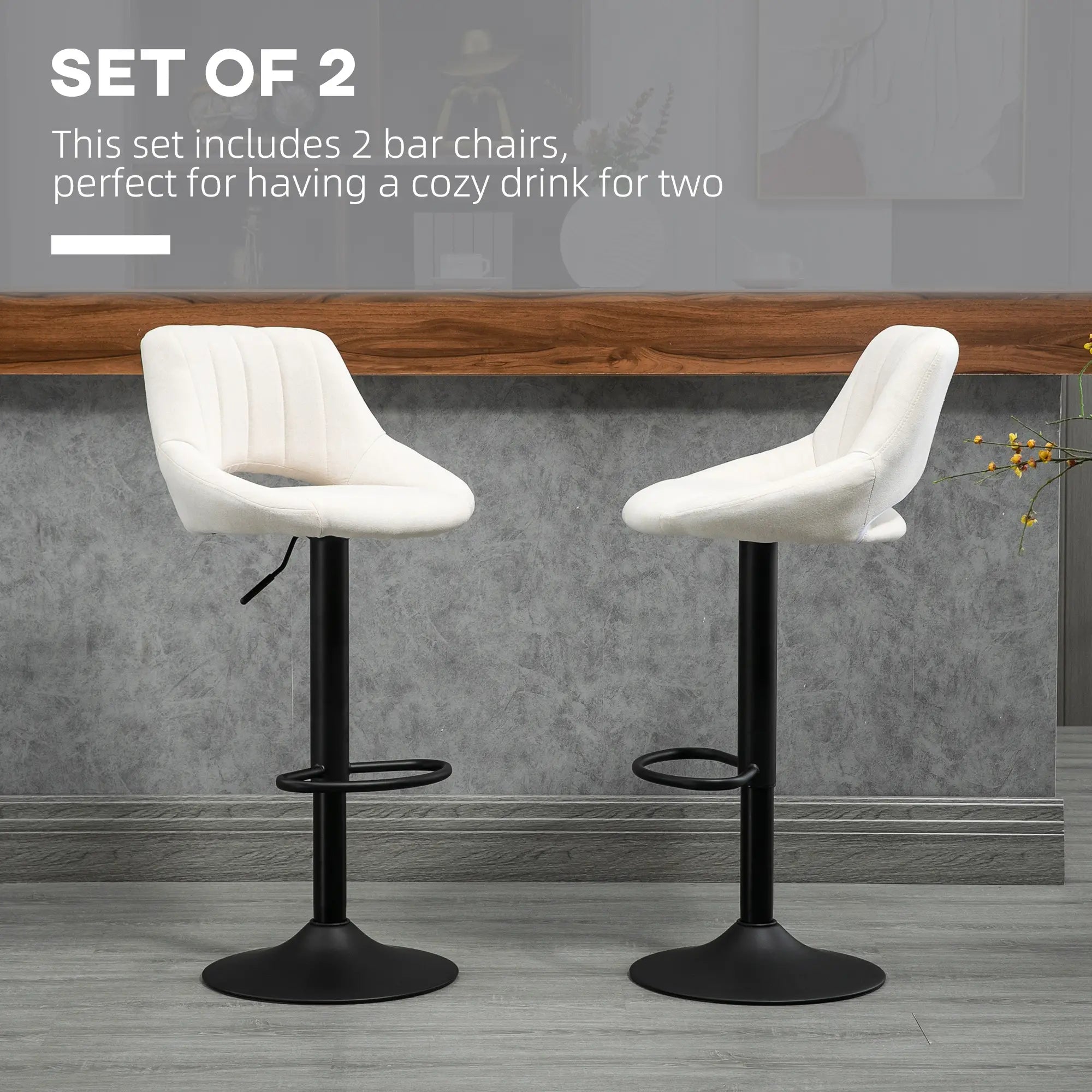 Bar Stools Set of 2, Swivel Counter Height Barstools with Adjustable Height, Linen Upholstered Bar Chairs with Round Metal Base and Footrest, Cream Bar Stools at Gallery Canada