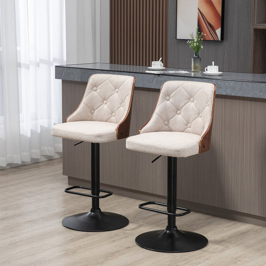 Counter Height Bar Stools Set of 2, Height Adjustable Swivel Barstools with Footrest and Solid Wood Back, Linen Fabric Bar Chairs, Beige - Gallery Canada