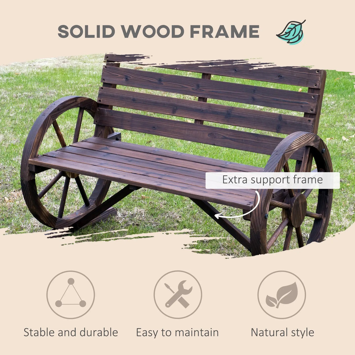 42" Wood Wagon Wheel Bench, Rustic Garden Loveseat, Brown Outdoor Benches at Gallery Canada