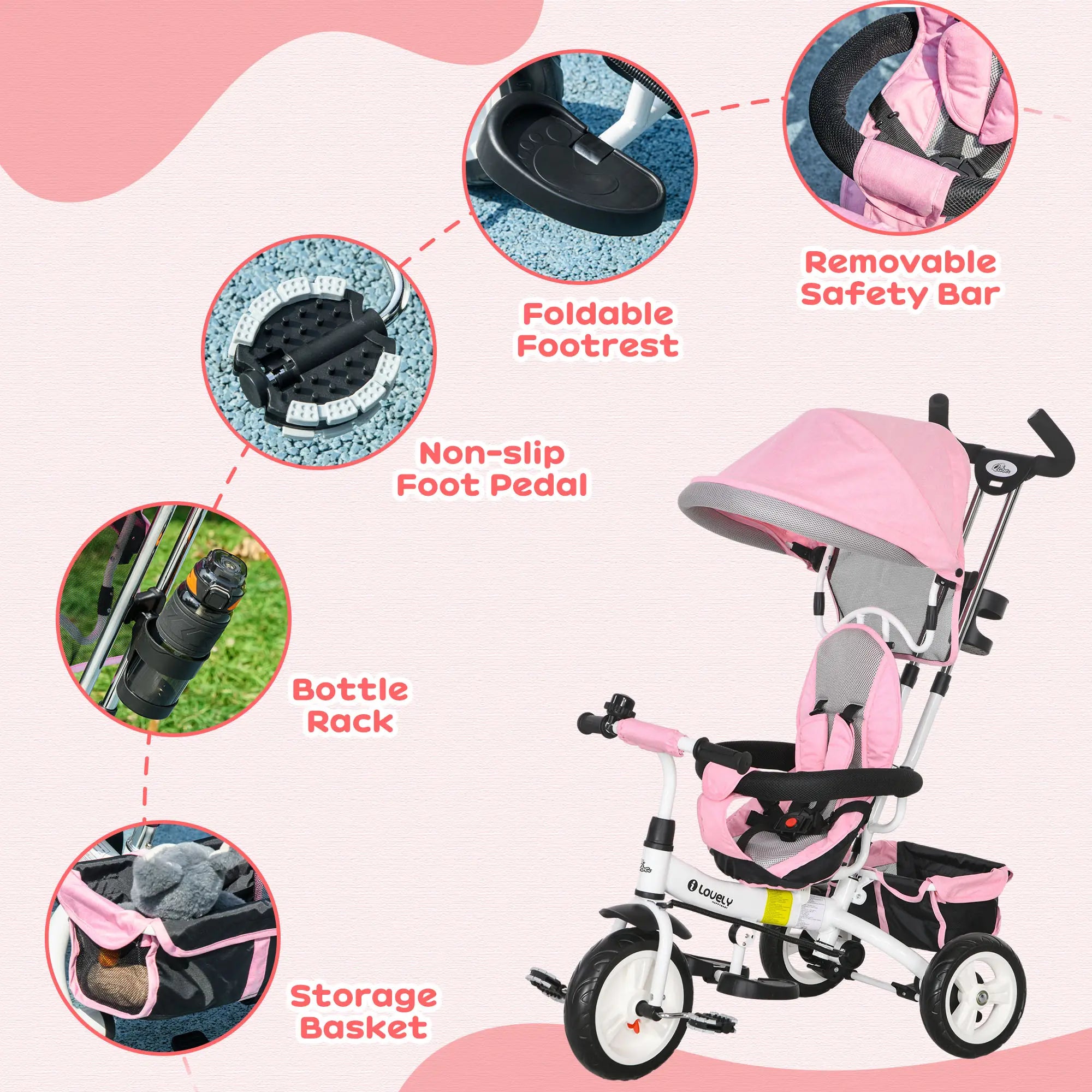 6 in 1 Toddler Tricycle Stroller with Basket, Canopy, 5-point Safety Harness, for 12-60 Months, Pink Tricycles for Kids at Gallery Canada