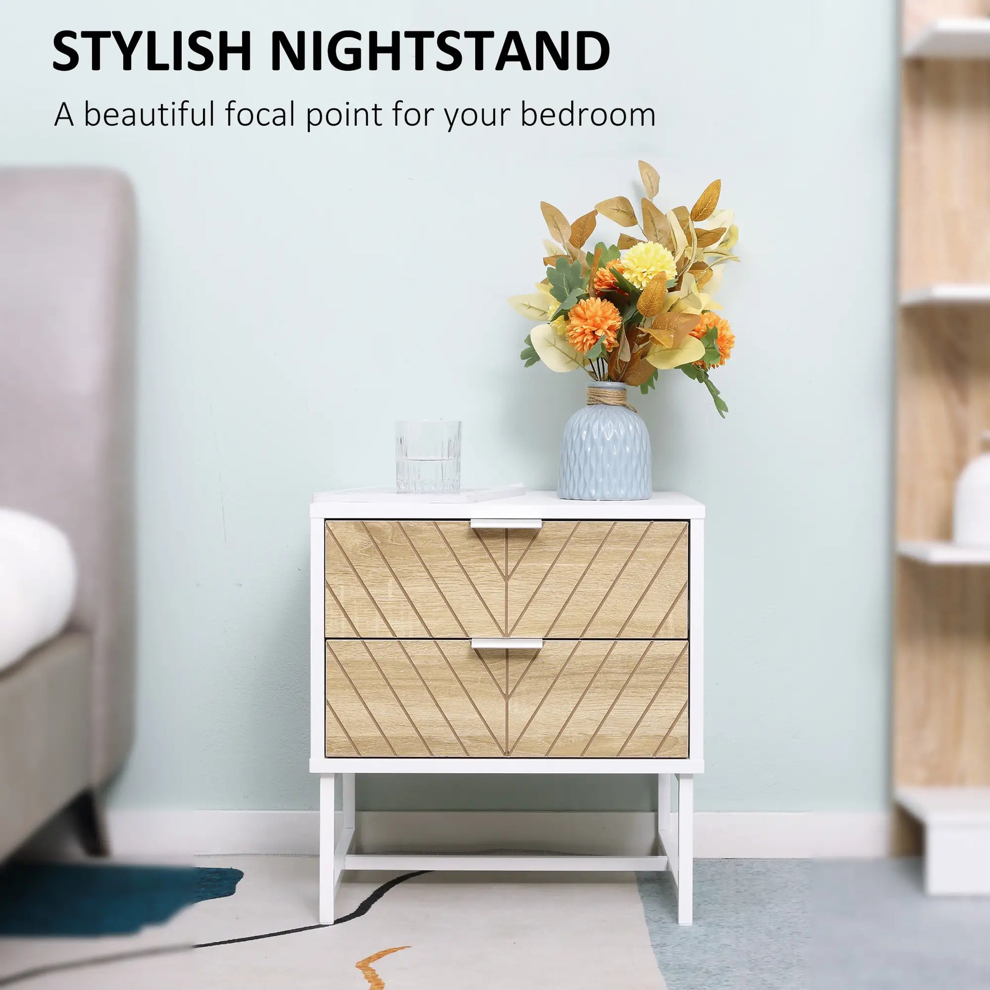 Modern Bedside Table, 2 Drawers, Steel Frame, Oak, White Bedside Tables at Gallery Canada