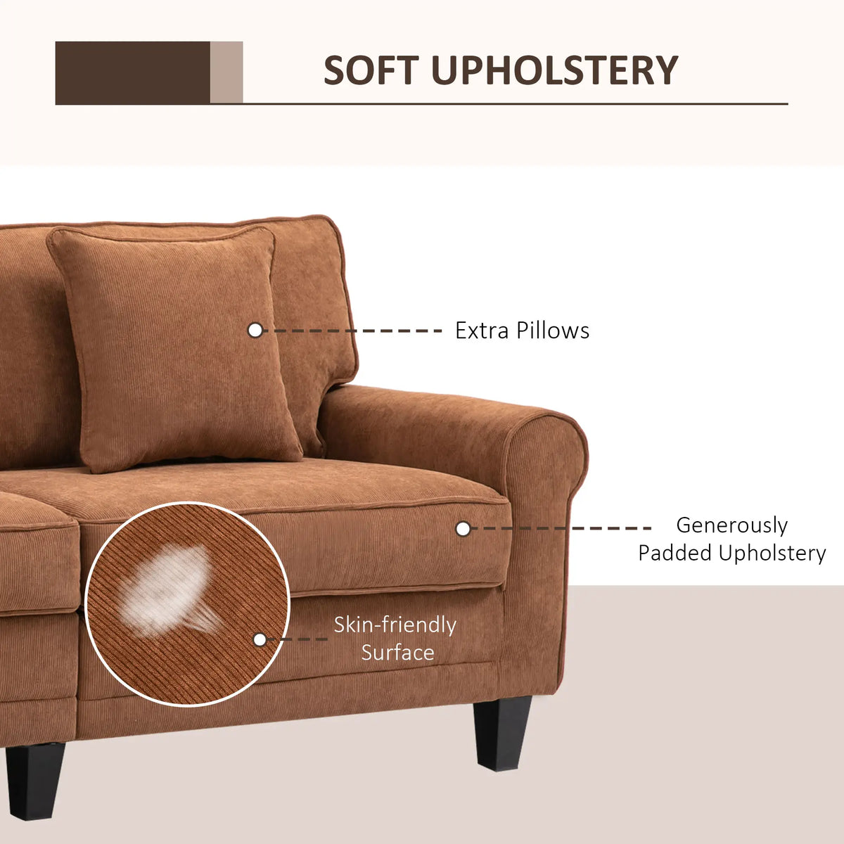 Modern 3 Seater Sofa, Corduroy Couch, Pine Wood Legs, Brown, Brown 3-Seater Sofas at Gallery Canada