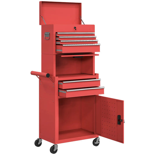 Grande armoire à outils, coffre roulant 3-en-1, organisateur de rangement avec 6 tiroirs, Rouge