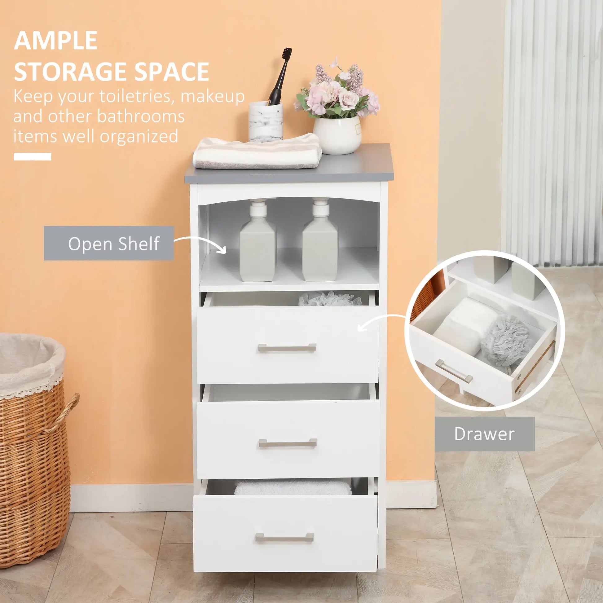 Small Bathroom Storage Cabinet, 3 Drawers, Open Shelf, White Bathroom Cabinets at Gallery Canada
