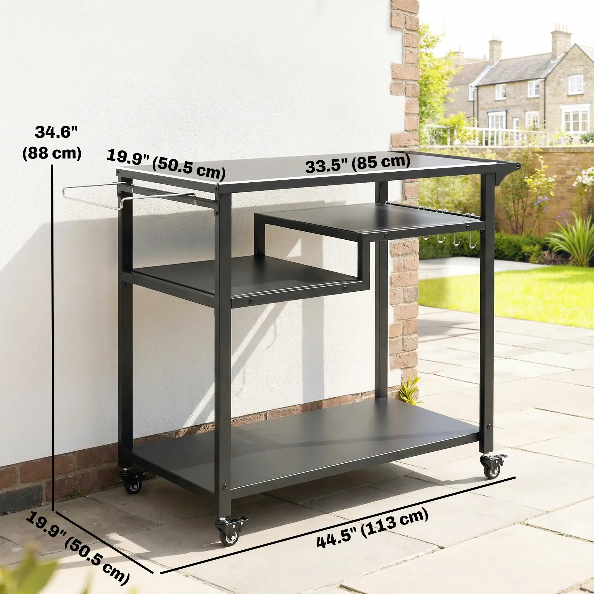 Outdoor Grill Cart, Three-Shelf Pizza Oven Stand With Hooks, Wheels, Black Outdoor Grill Carts at Gallery Canada