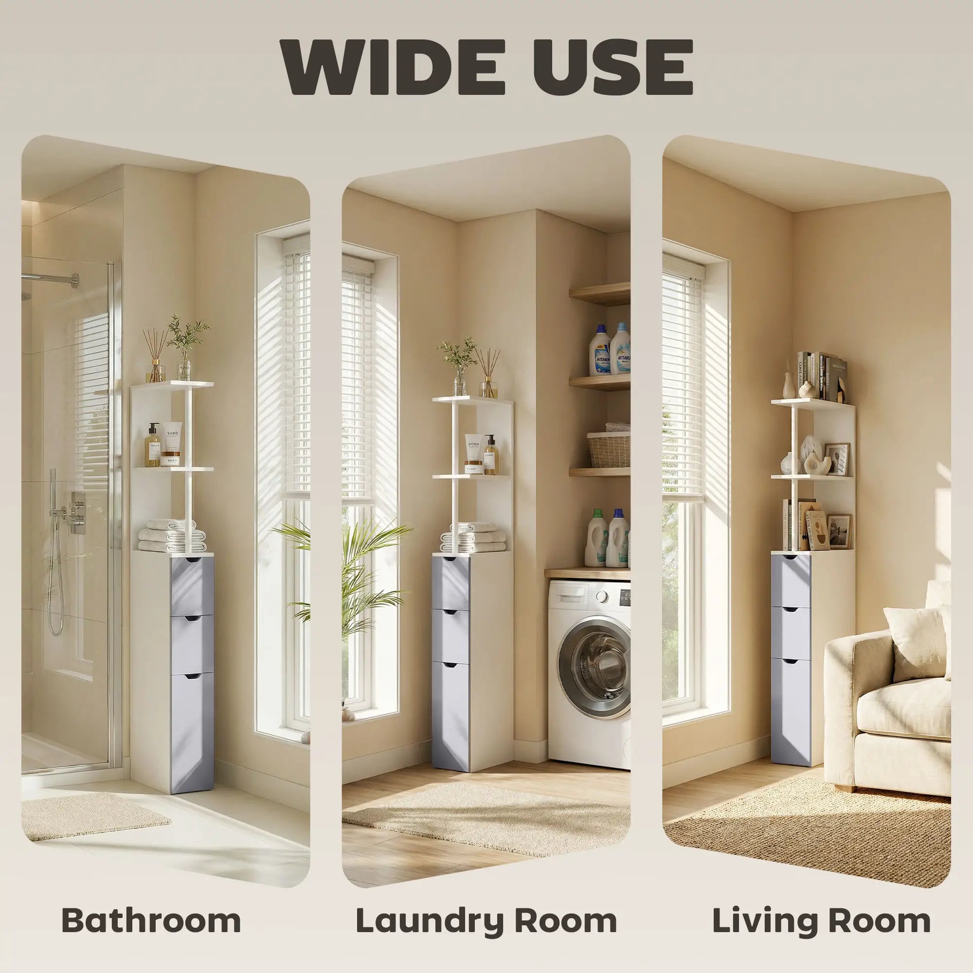 Tall Narrow Bathroom Storage Cabinet with Drawers, Open Shelves, White Grey Bathroom Cabinets at Gallery Canada