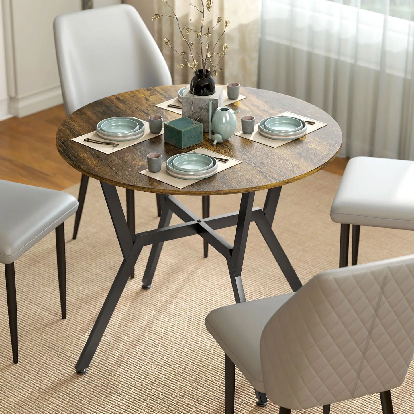 35 Inch Round Dining Table, Steel Frame, Rustic Brown Dining Tables at Gallery Canada